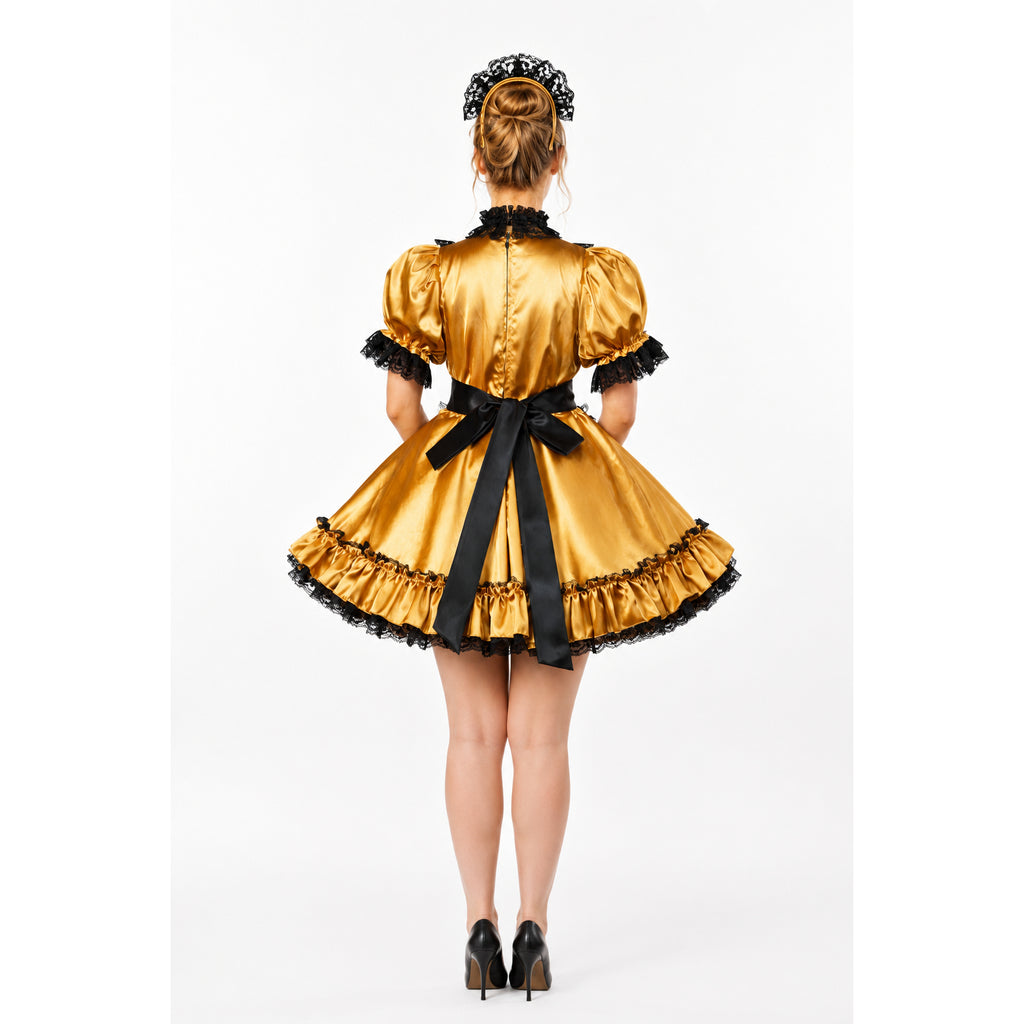 Golden sissy maid dress with black lace trim and bow, shown from back with matching headpiece and heels