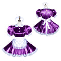 Purple sissy maid dress with white lace trim, apron, and puff sleeves on mannequin