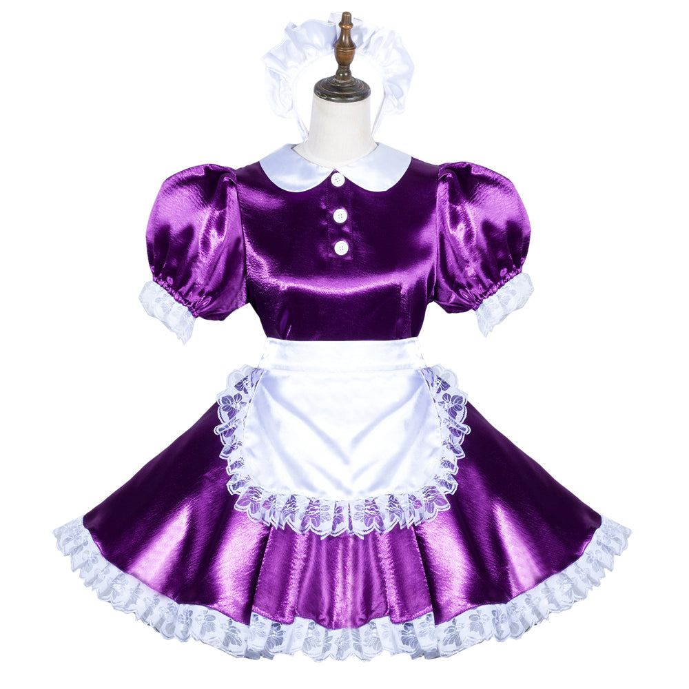Purple sissy maid dress with white lace trim and apron, displayed on mannequin