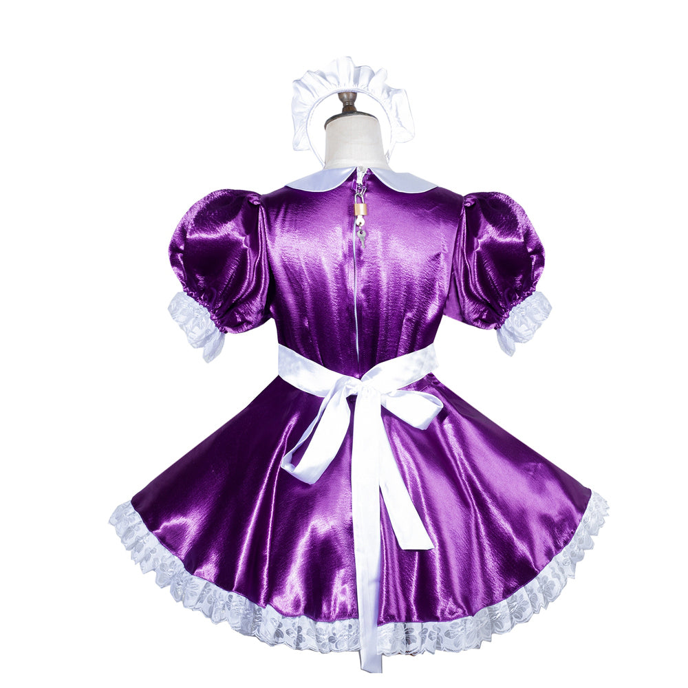 Purple satin sissy maid dress with white lace trim, puffed sleeves, and back bow
