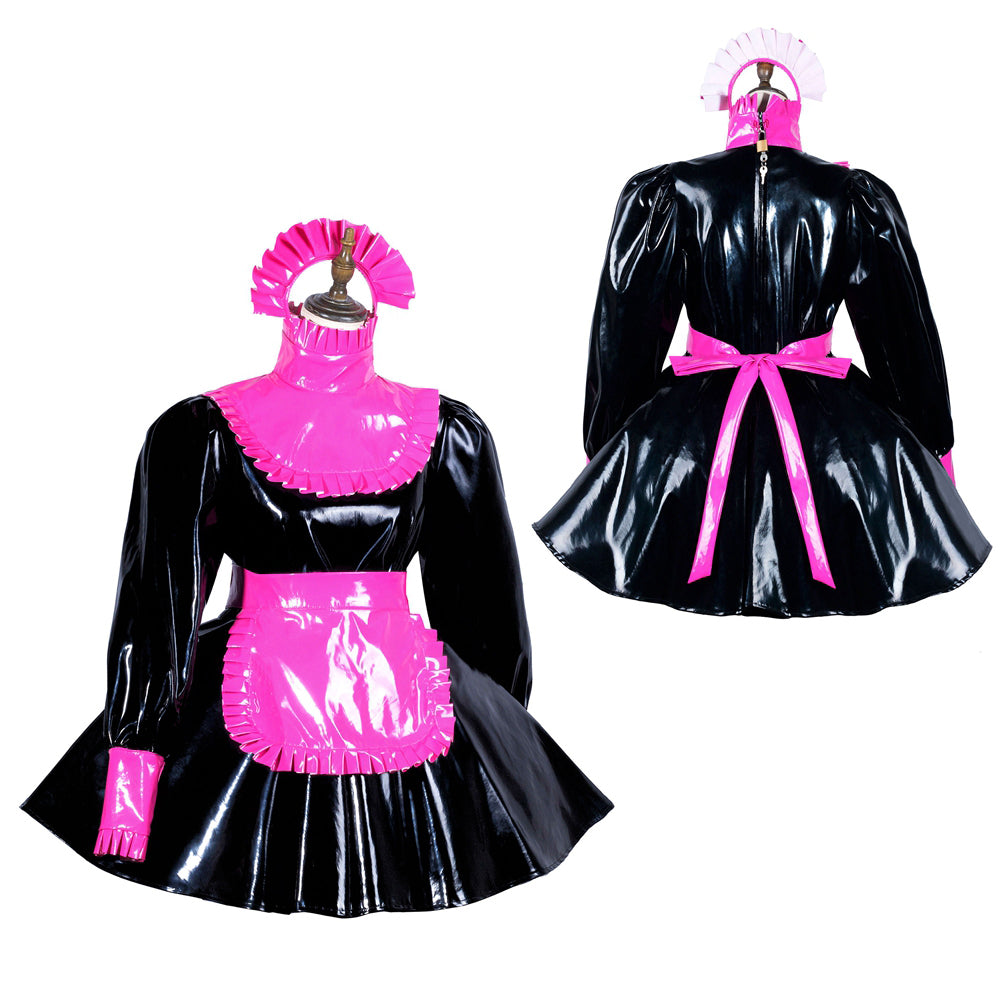 Black and pink PVC sissy maid dress with ruffled collar, apron, and bow, shown front and back