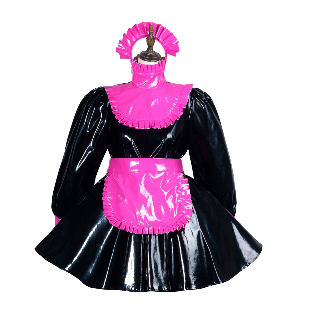 Black and pink sissy maid dress with ruffled collar and apron, crafted in glossy PVC material.