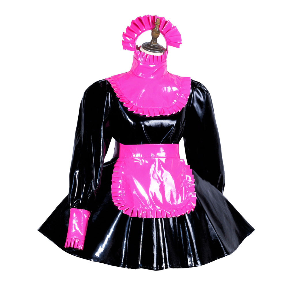 Black and pink sissy maid dress with ruffled collar and apron, crafted in glossy PVC material.