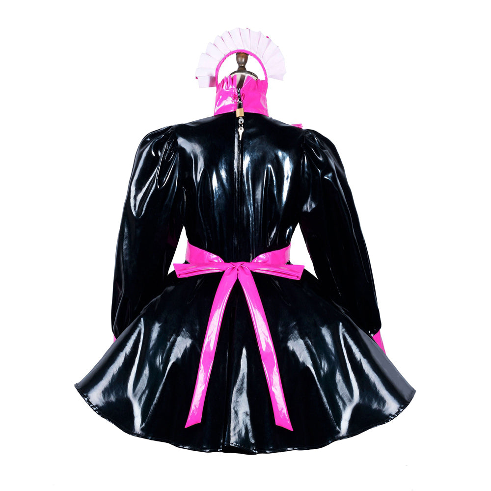 Black PVC sissy maid dress with pink bow and lace-up back, elegant and stylish design