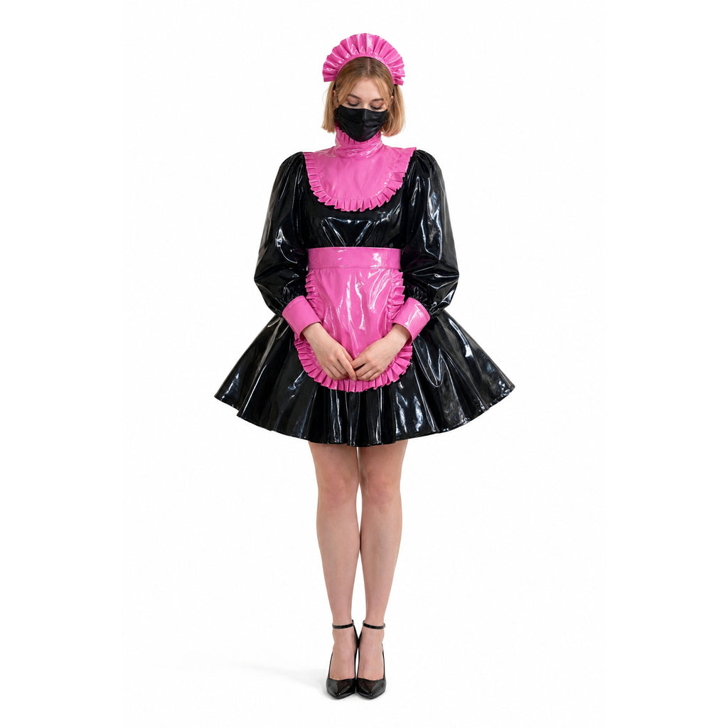 Black and pink PVC sissy maid dress with ruffled apron and matching hat