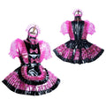 Pink and black sissy maid dress with ruffles, bows, and PVC material, shown front and back