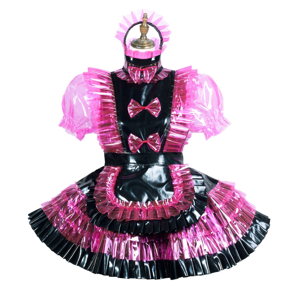 Pink and black PVC sissy maid dress with ruffles, bows, and matching headpiece on mannequin