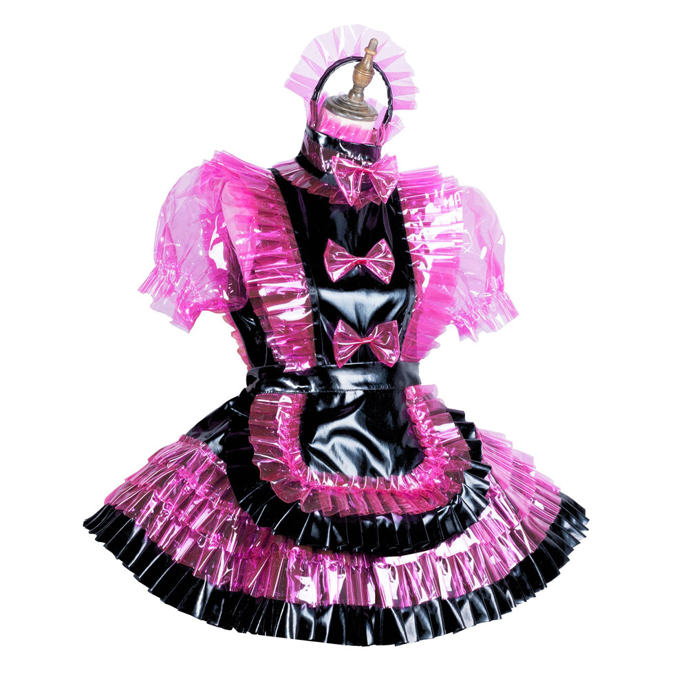 Pink and black sissy maid dress with ruffles, bows, and PVC material on mannequin
