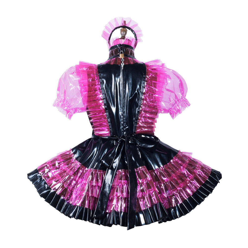 Black and pink PVC sissy maid dress with ruffles, puff sleeves, and matching headpiece