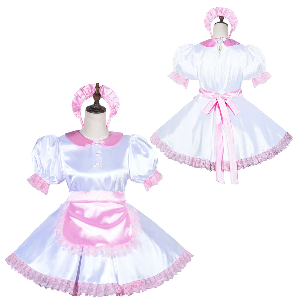 White and pink sissy maid dress set with ruffles, apron, and bonnet, displayed on mannequins