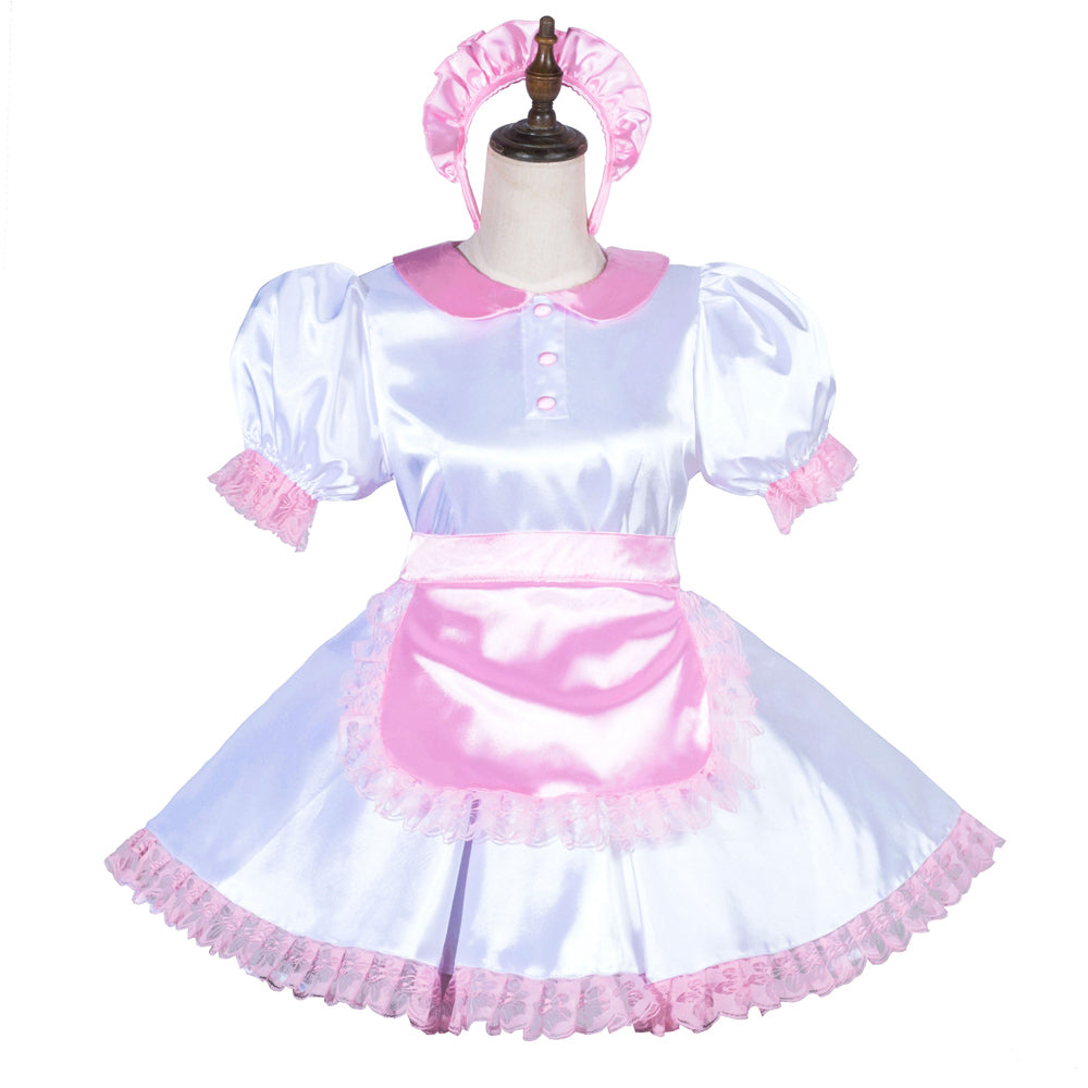 Pink and white satin sissy maid dress with ruffles, apron, and headband on mannequin