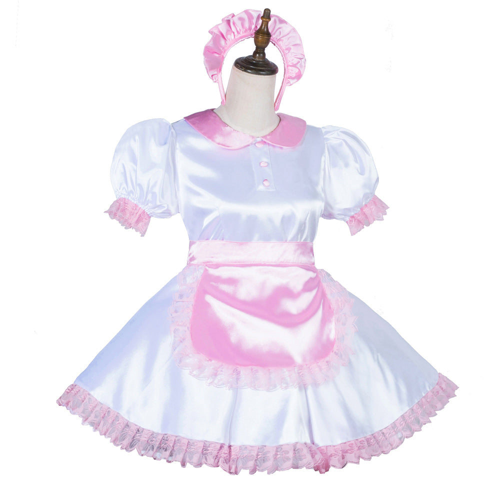 Pink and white satin sissy maid dress with ruffles, apron, and matching headband on mannequin