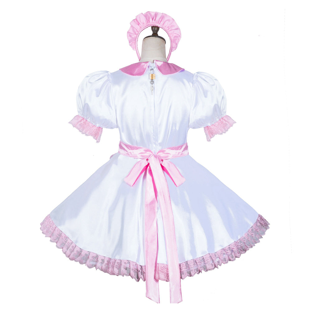 Pink and white sissy maid dress with ruffles, bow, and lockable back, displayed on mannequin