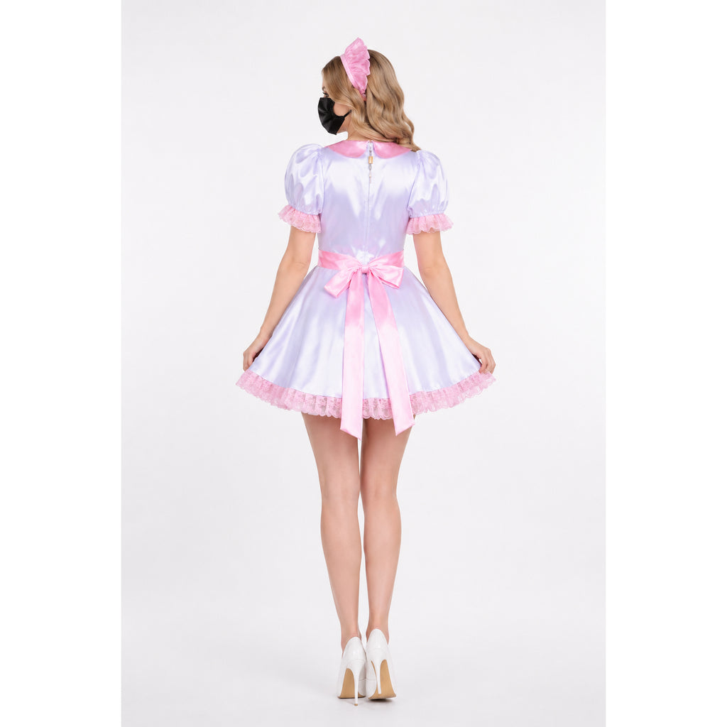 Lavender sissy maid dress with pink lace trim, bow, and matching headband, shown from back