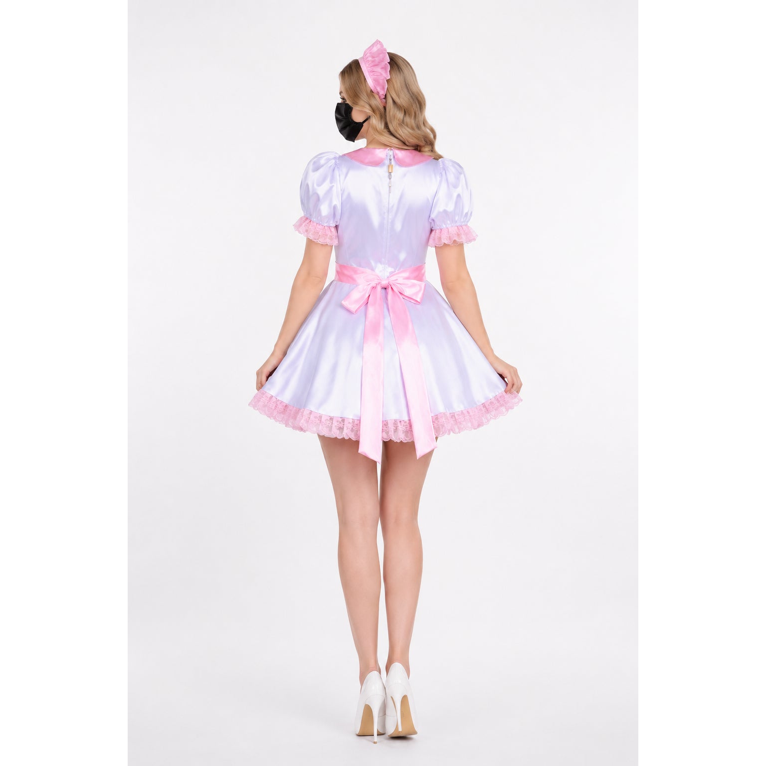 Lavender sissy maid dress with pink lace trim, bow, and matching headband, shown from back