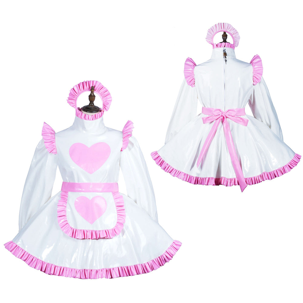 White and pink sissy maid dress with heart apron, ruffles, and bow belt, shown front and back