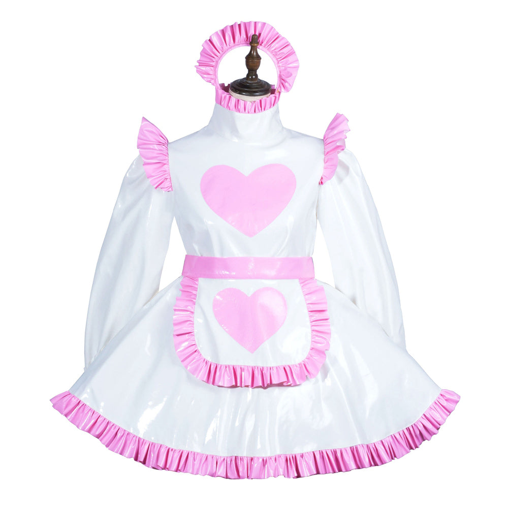 White PVC sissy maid dress with pink hearts, ruffles, and matching headband for costume fashion