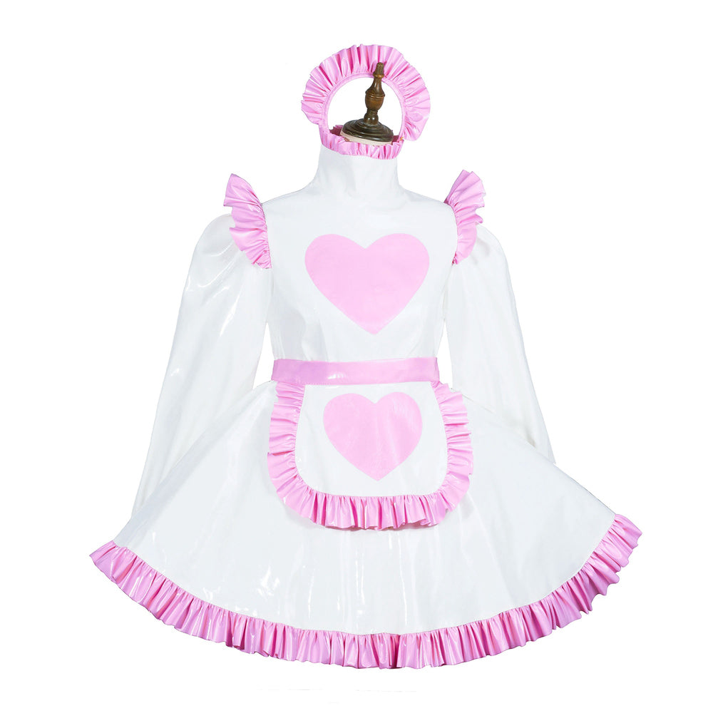 White and pink sissy maid dress with heart accents and ruffled trim on mannequin