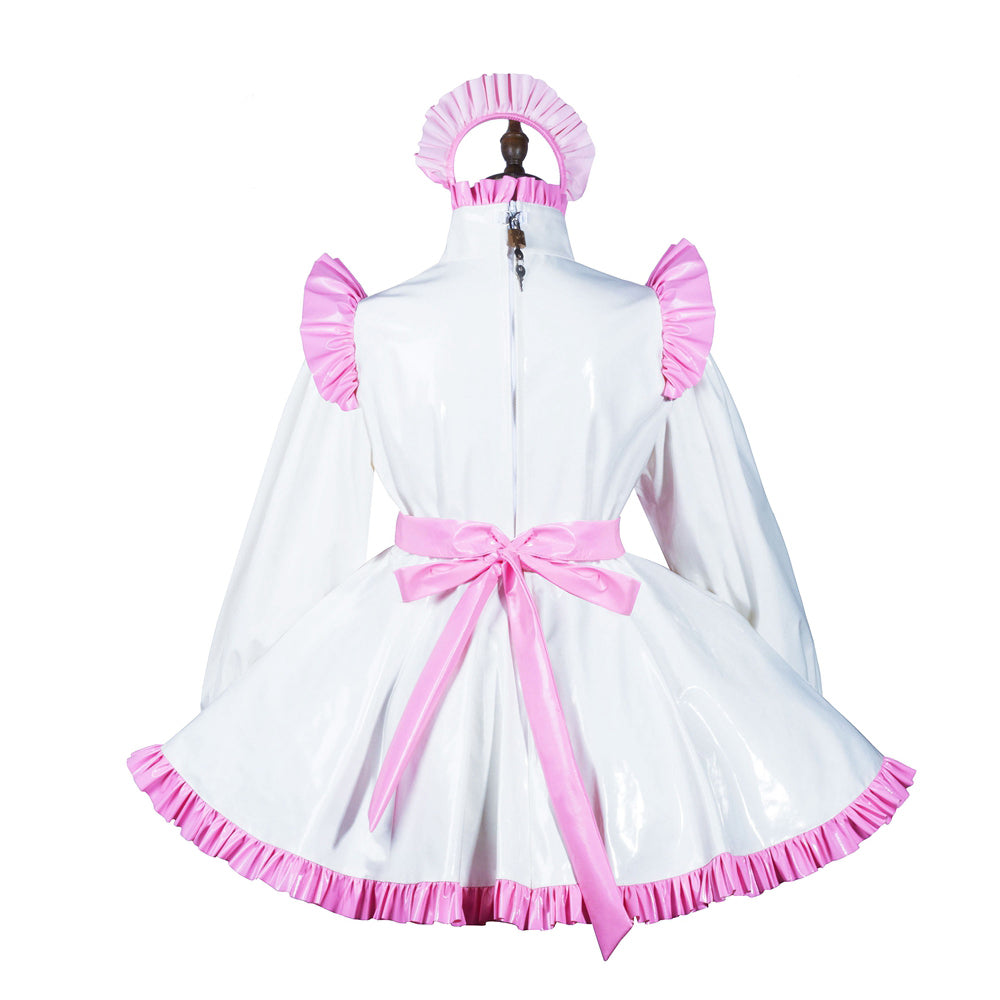 White PVC sissy maid dress with pink ruffles, bow, and matching bonnet, back view