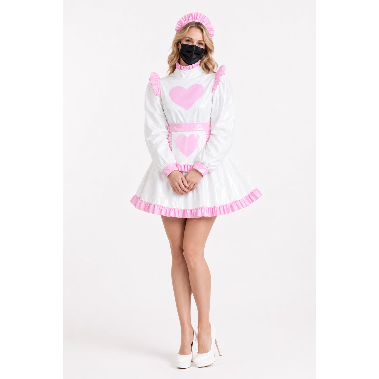 White and pink sissy maid dress with heart design, ruffles, and matching hat
