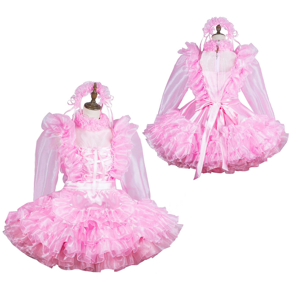 Pink sissy maid dress with ruffles, sheer sleeves, and bow detail on mannequin