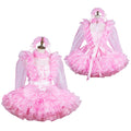 Pink sissy maid dress with ruffles, sheer sleeves, and bow detail on mannequin