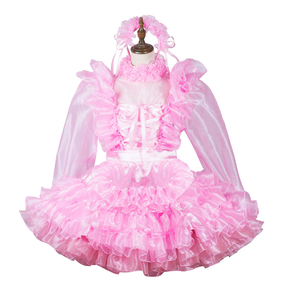 Pink sissy maid dress with ruffles, lace-up back, and matching headband on mannequin