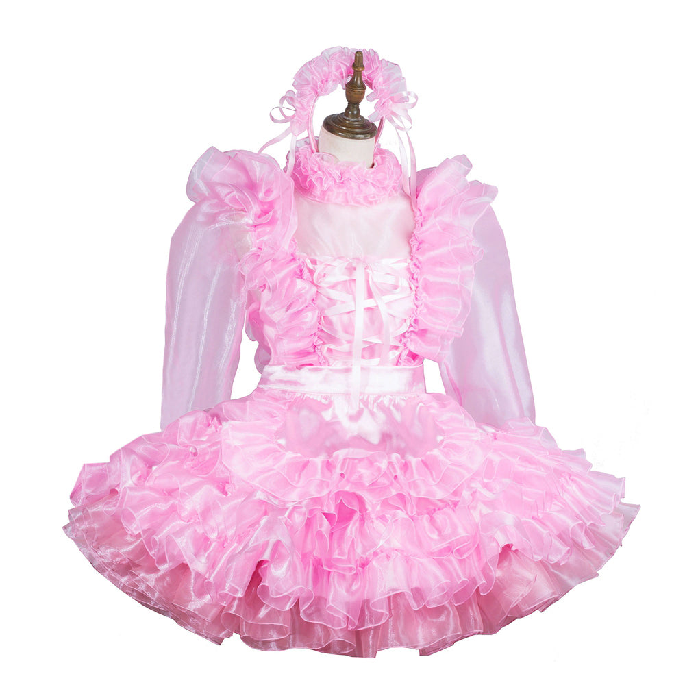Pink sissy maid dress with ruffles, lace-up back, and matching headband on mannequin