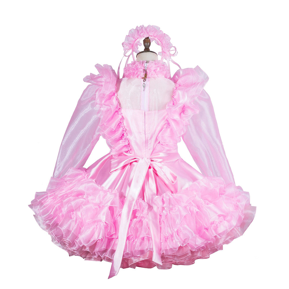 Pink sissy maid dress with ruffles, bow, and matching headpiece on mannequin