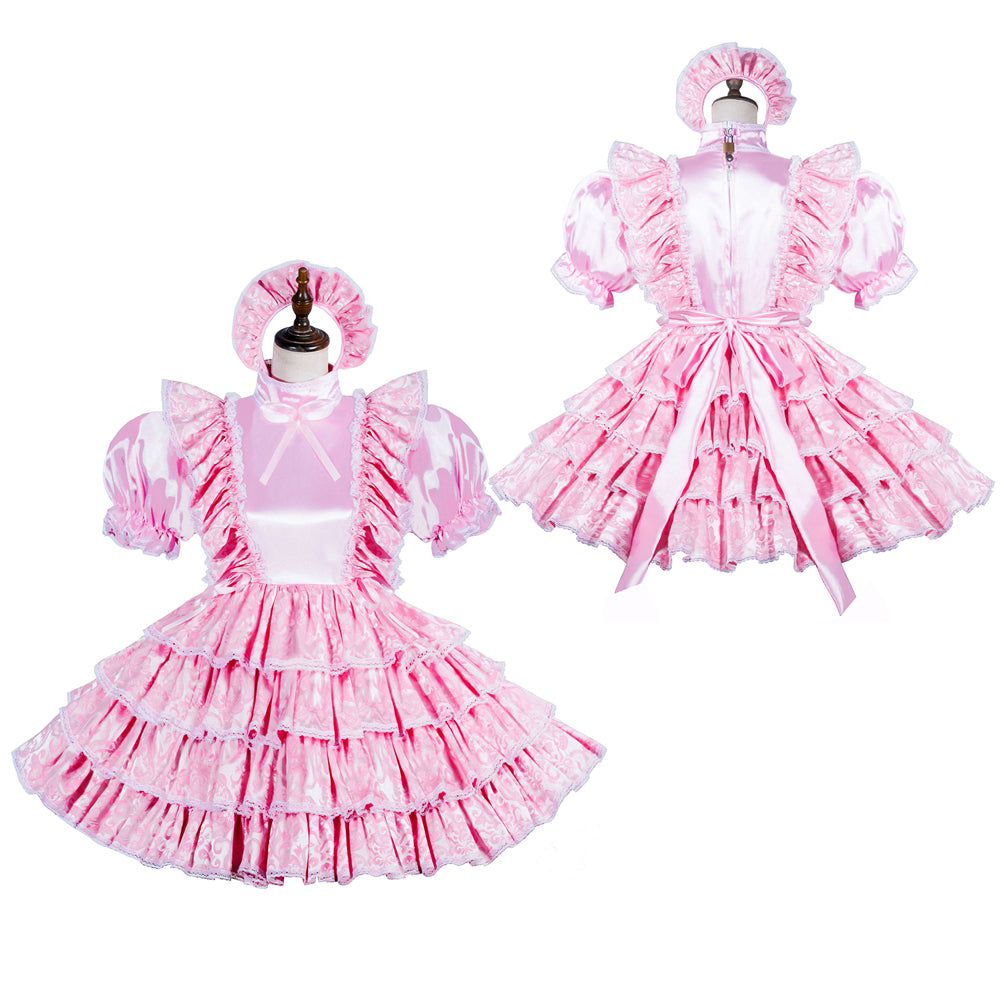 Pink sissy maid dress with ruffles, puff sleeves, and matching bonnet, shown front and back