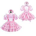 Pink sissy maid dress with ruffles, puff sleeves, and matching bonnet, shown front and back