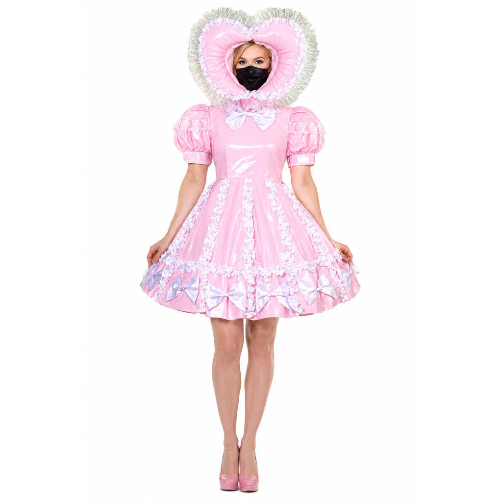 Pink sissy maid dress with heart hood, ruffles, and bows, featuring PVC material and elegant detailing.