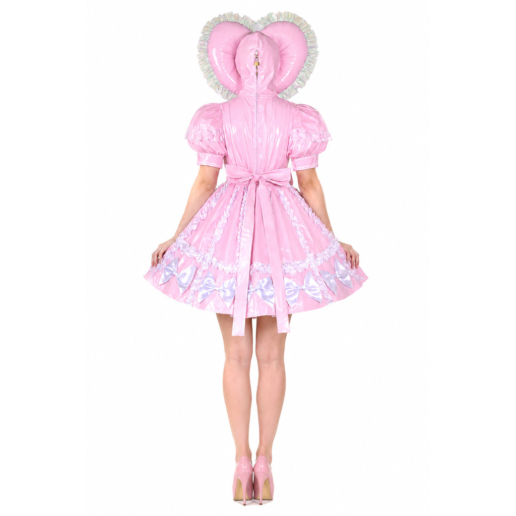 Pink sissy maid dress with heart hood, ruffles, bows, and lockable back zipper, paired with matching heels