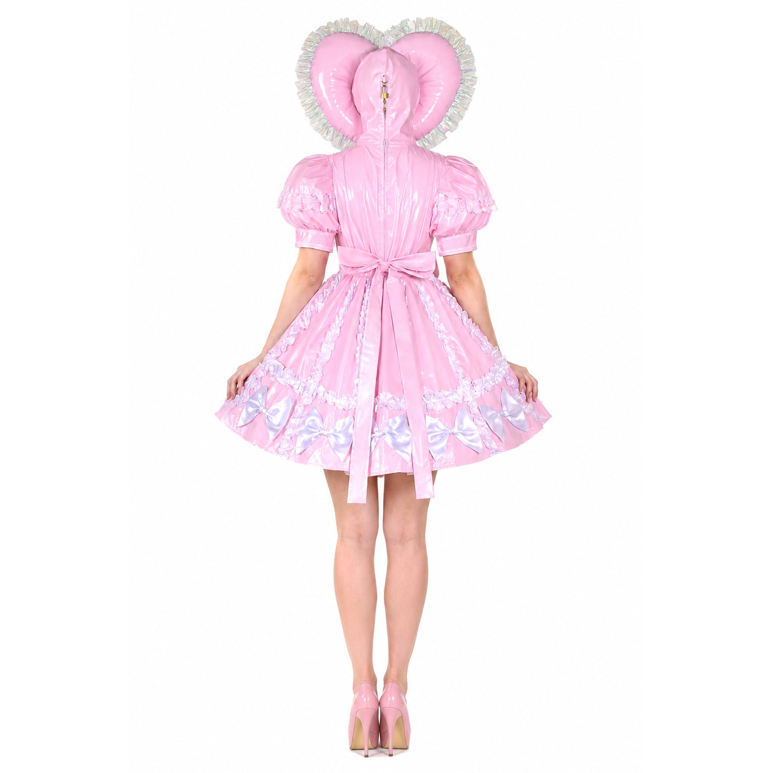 Pink sissy maid dress with heart hood, ruffles, bows, and lockable back zipper, paired with matching heels