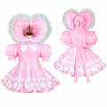 Pink sissy maid dress with heart hood, ruffles, and bows, front and back view