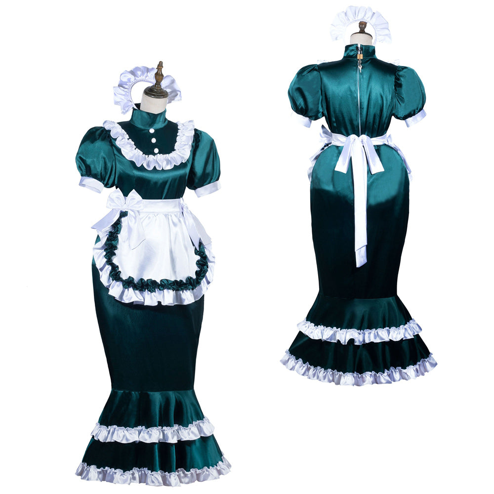 Emerald green sissy maid dress with white ruffles, apron, and bonnet, shown front and back
