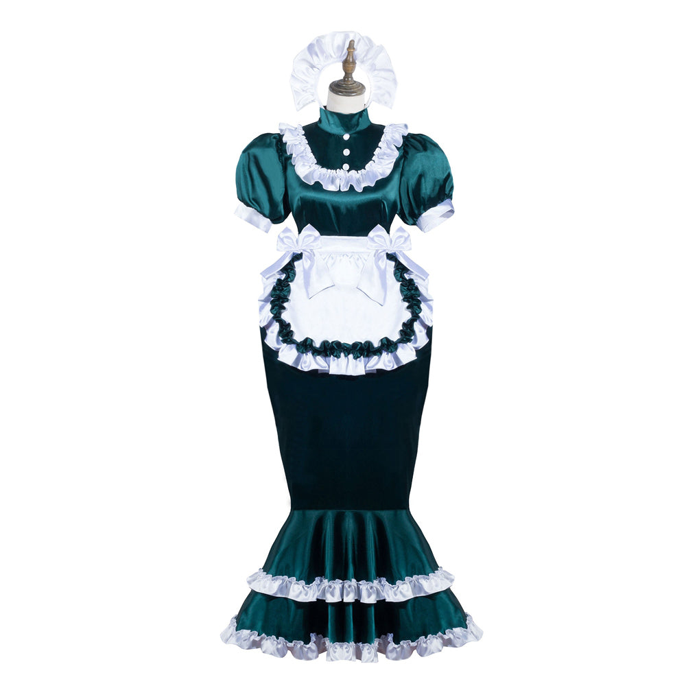 Emerald green sissy maid dress with white ruffles, apron, and bonnet, featuring elegant satin finish and fitted silhouette.