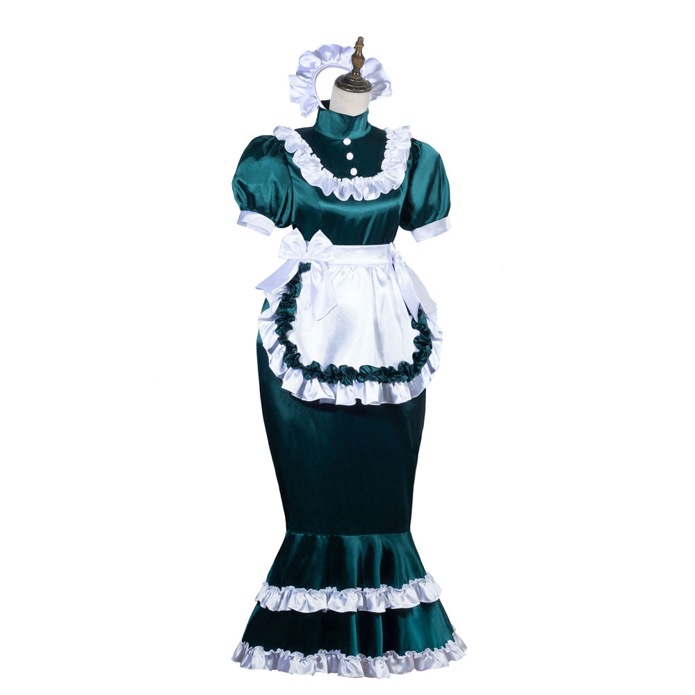 Emerald green sissy maid dress with white ruffles, apron, and matching headpiece on mannequin