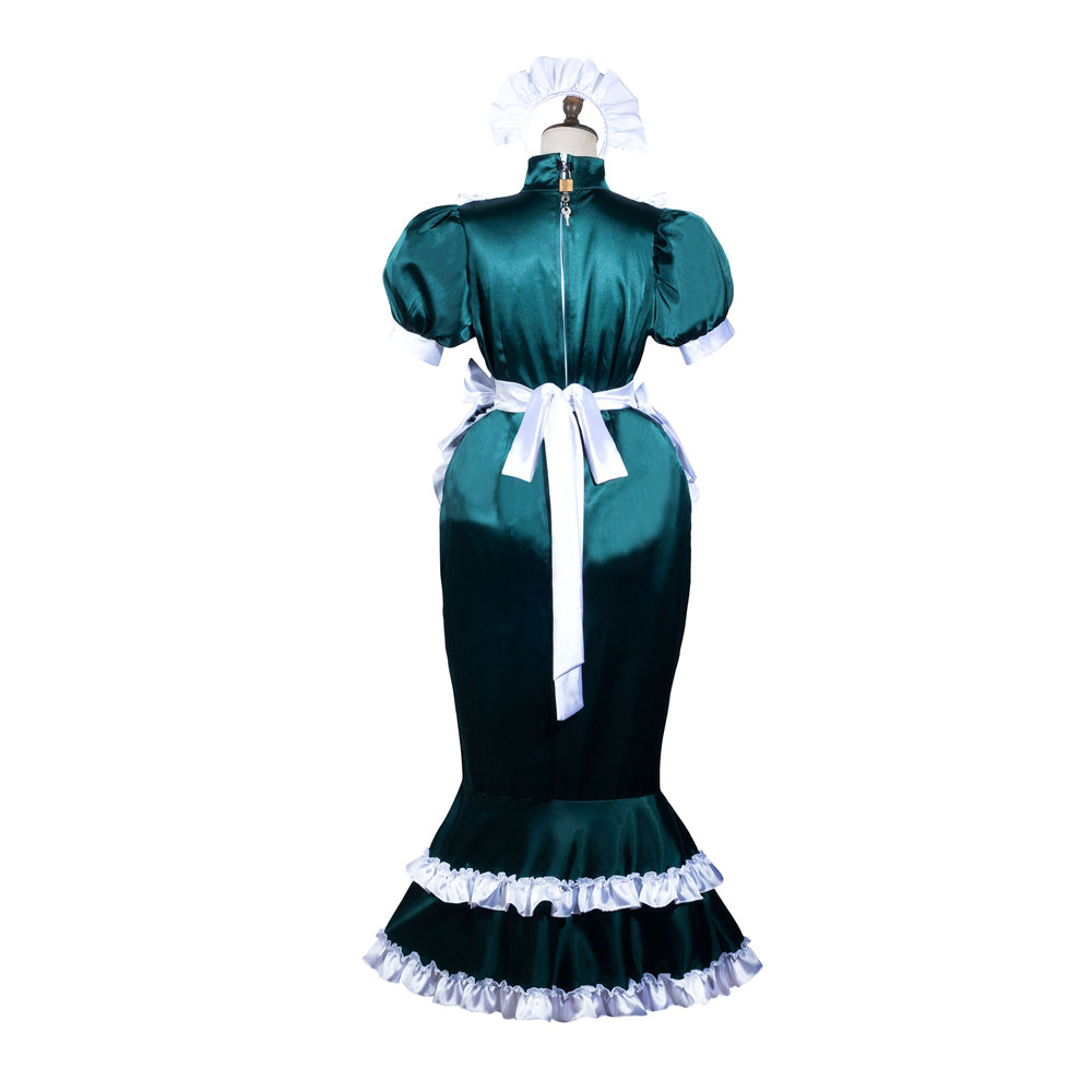 Emerald green sissy maid dress with white ruffles, bow, and puff sleeves on mannequin