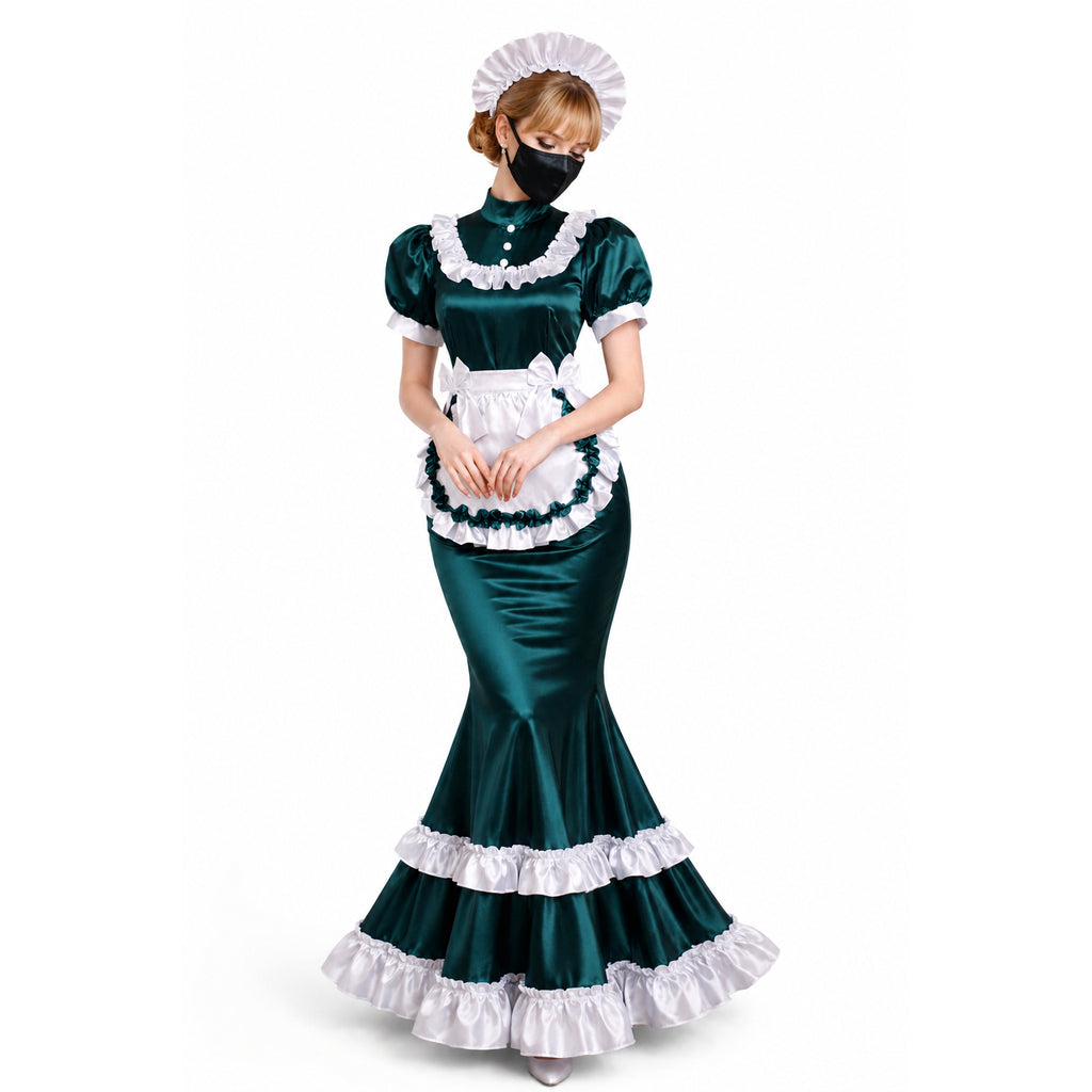Emerald satin sissy maid dress with white ruffles, apron, and bonnet for elegant costume fashion