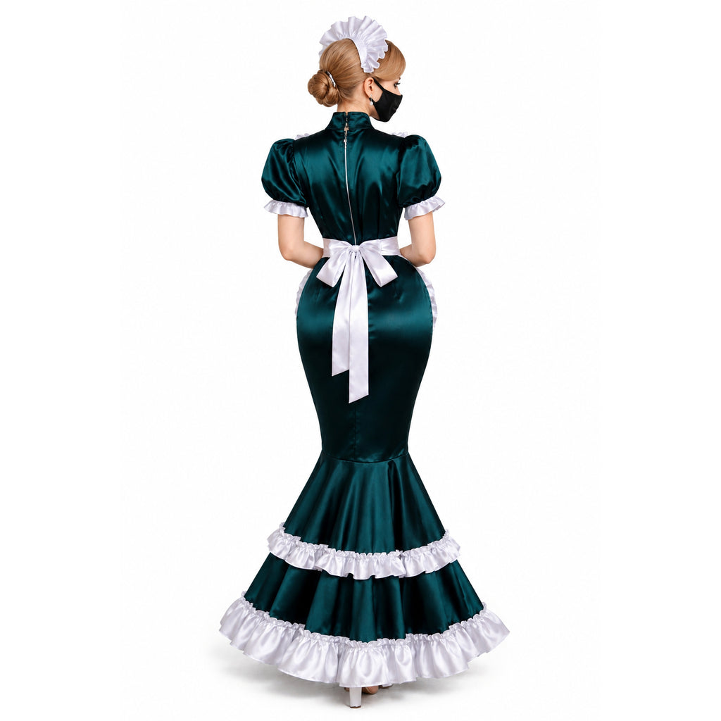 Emerald satin sissy maid dress with white ruffles, bow, and matching cap, back view