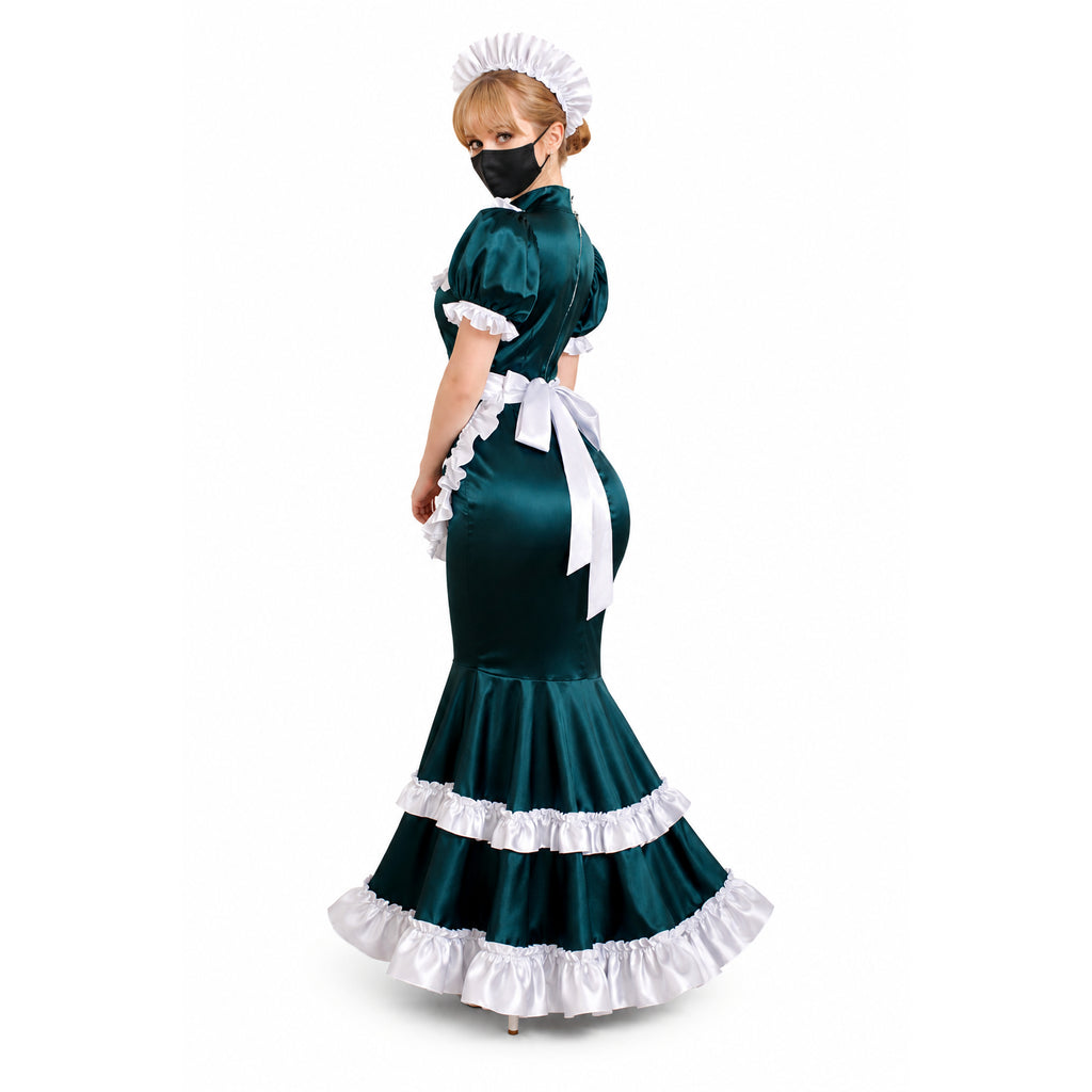 Emerald satin sissy maid dress with white ruffles, apron, and bonnet, featuring elegant fit and French-style design.
