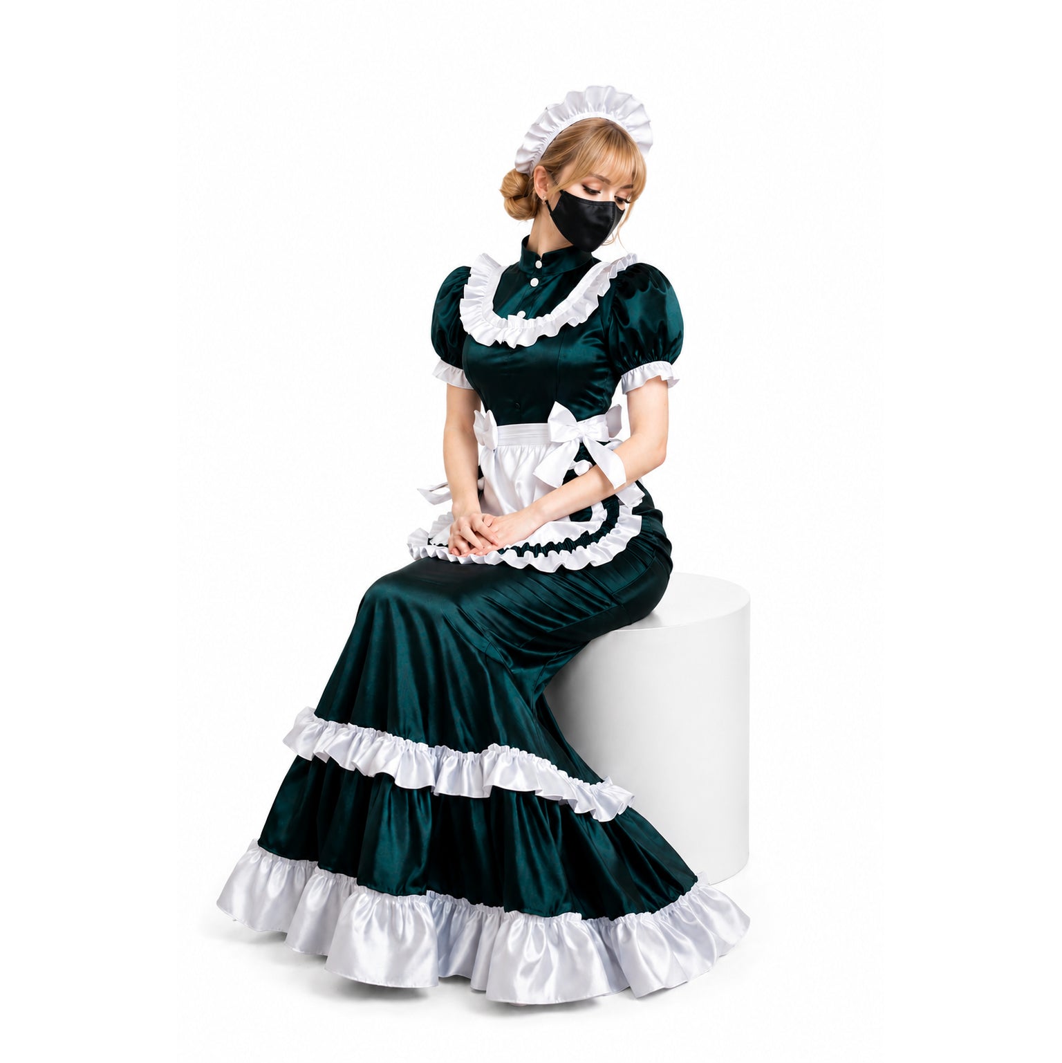 Emerald green sissy maid dress with white ruffles, apron, and bonnet, featuring elegant satin fabric and tiered skirt.