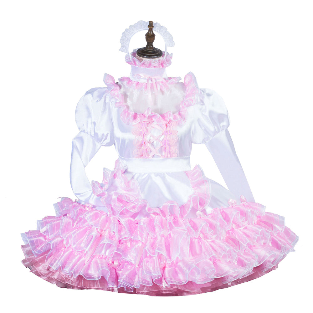 Pink and white sissy maid dress with ruffles, lace-up front, and matching headpiece on mannequin
