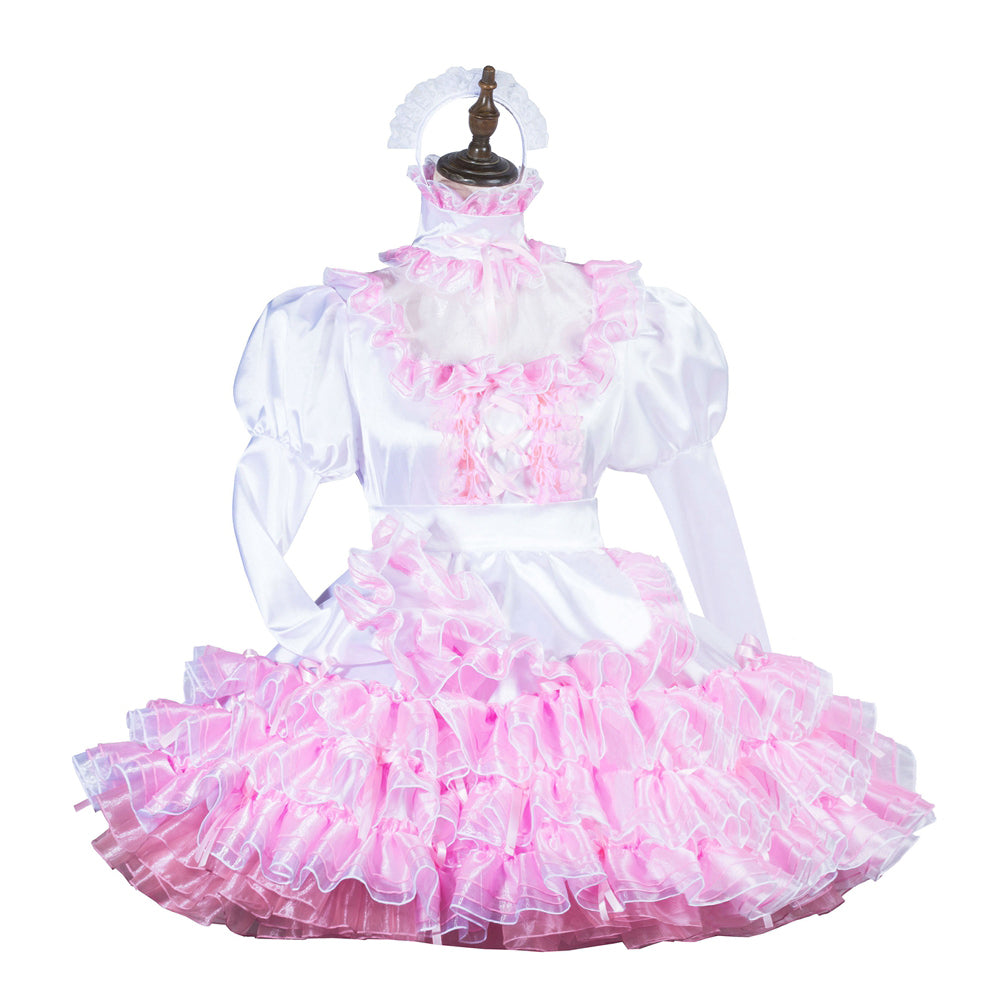 Pink and white sissy maid dress with ruffles, puffed sleeves, and matching headpiece on mannequin