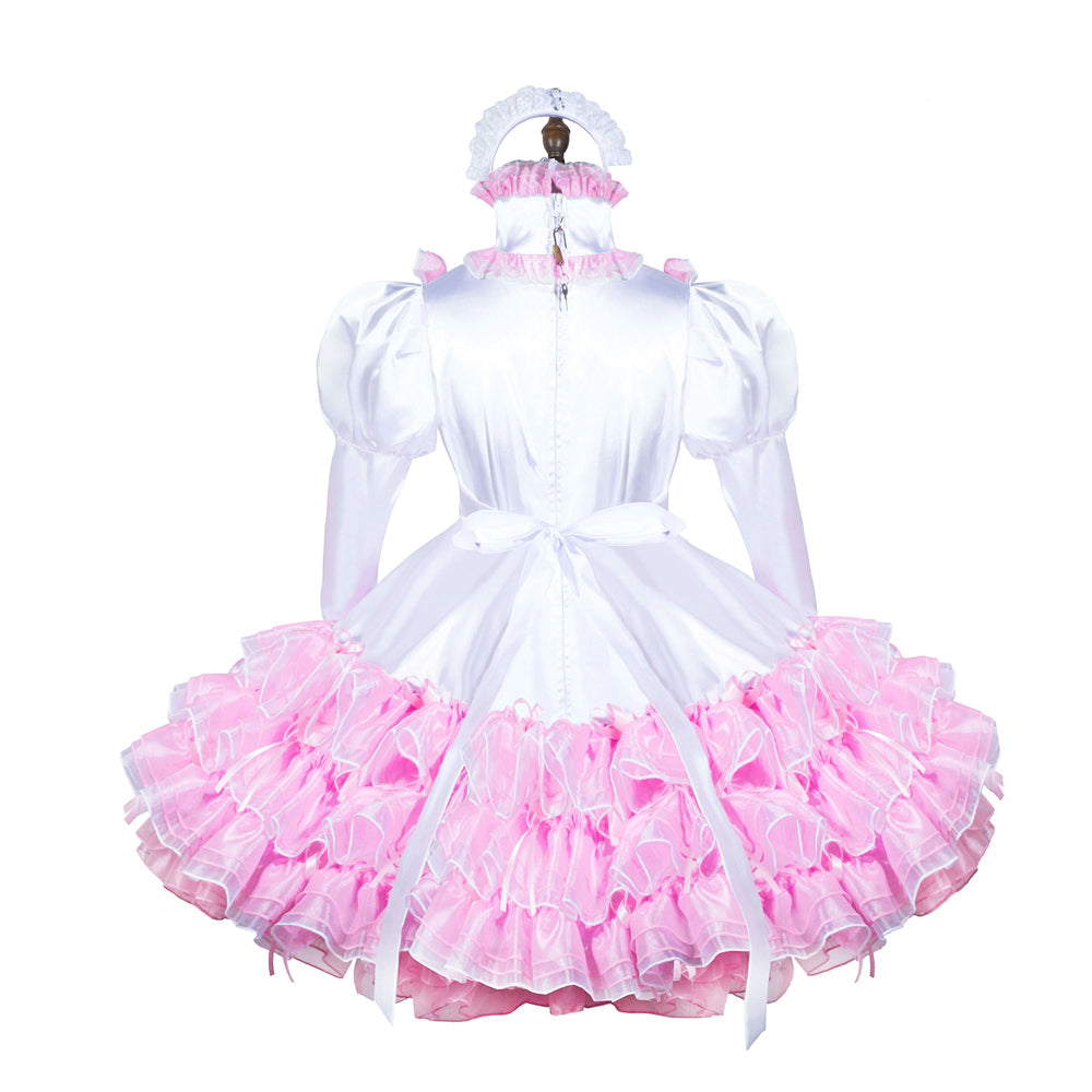 White and pink sissy maid dress with ruffled skirt, puffed sleeves, and matching headpiece