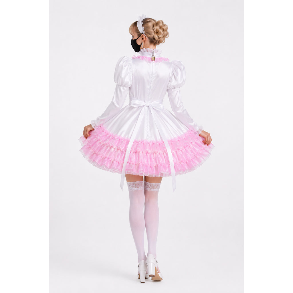 White and pink sissy maid dress with ruffles, bow, and lace stockings, back view