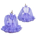 Purple ruffled sissy maid dress with lace details and bow, displayed front and back on mannequins