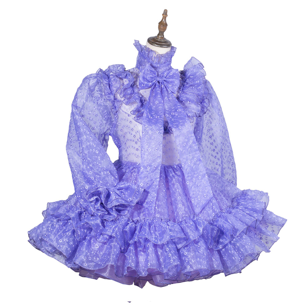 Purple ruffled sissy maid dress with lace bow, displayed on mannequin