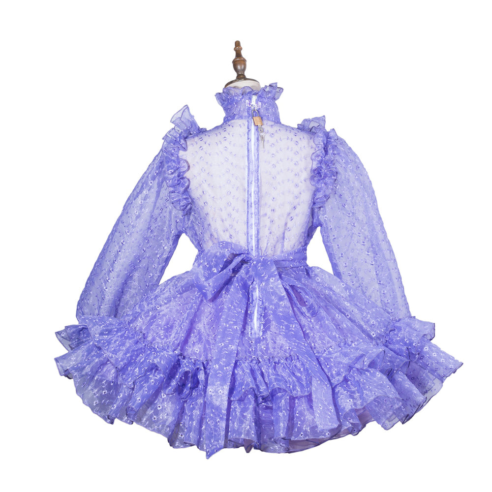 Purple sissy maid dress with ruffles, sheer sleeves, and bow waist on mannequin